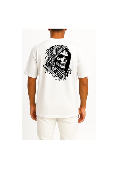 Bahriyeli Collection Oversize Hacker Skull Göğüs Ve Sırt Tasarımlı Unisex T-shirt Beyaz
