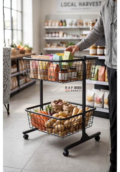 60x60 Cm Çift Katlı Tekerlekli Tel Havuz Sepet Market Mağaza Promosyon Ve Aksiyon Sepeti Antrasit