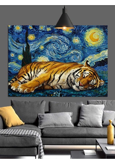 Van Gogh Tarzı Yıldızlı Kaplan Dekoratif Kanvas - Mdf Ahşap Tablo