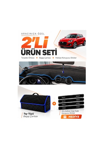 Suzukı Swift 2017-2020 Uyumlu Torpido Örtüsü + Tay Tüyü Bagaj Çantası + Sticker Seti - Siyah Mavi