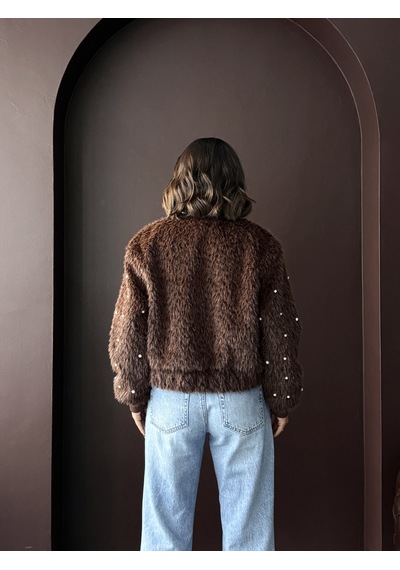 Verymoda Suni Kürk Bomber Ceket - İnci Detaylı Kahve