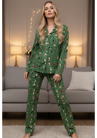 Siyah İnci Örme Düğmeli Pijama Takımı 7602 Yeşil Penguen