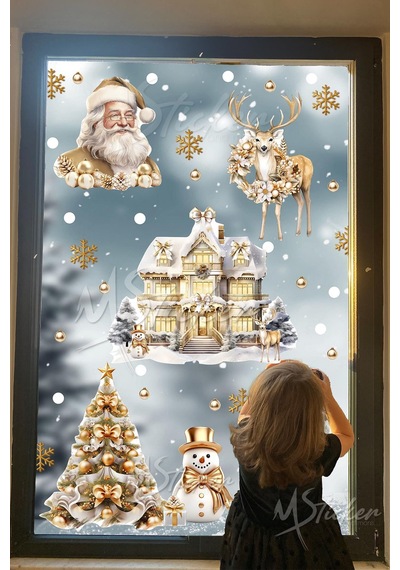 Gold Yılbaşı Seti, Yeni Yıl Yılbaşı Kış Konseptli Yılbaşı Süsü Sticker Seti Noel Baba Ağaçlar Evler Dijital Baskı