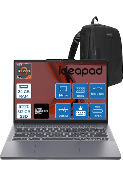Lenovo IdeaPad Slim 3 14ARP10 83K6006JTRF07 Ryzen 7 170 24 GB 512 GB SSD 14" Free Dos Dizüstü Bilgisayar + Zetta Çanta