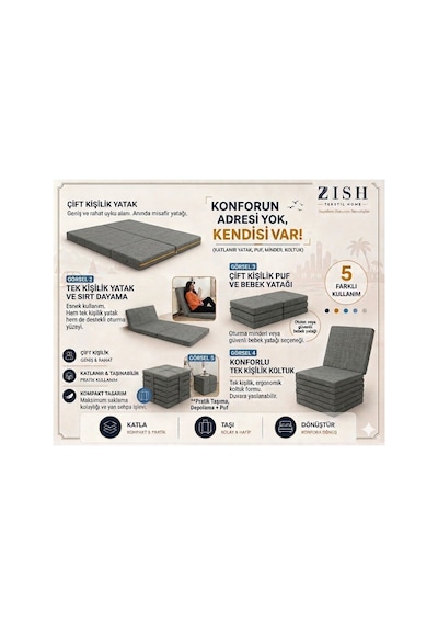 Zishome Çift Kişilik Multipurpose 5 İn 1 Bordo Çift Kişilik Katlanır Süngerli Misafir Yer Yatağı Ve Minder 7cm