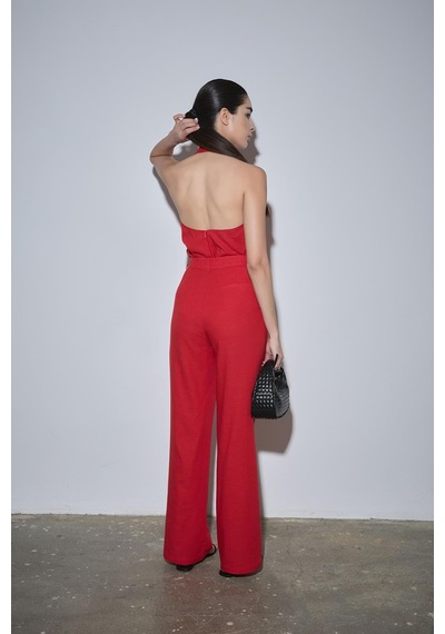 Suud Collection Kırmızı Gabriel Halter Yaka Keten Bluz