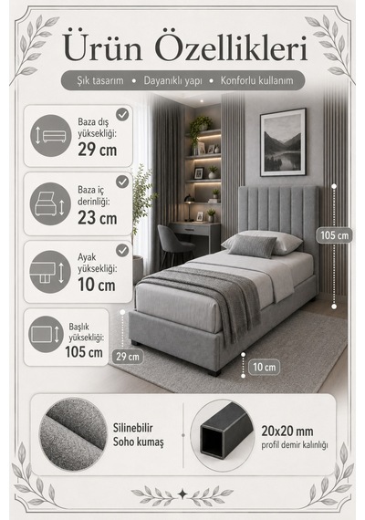 Baza Seti, Alessa Tek Kişilik Baza Başlık Maxi Yatak Seti, Gri - 90x190 Cm 90 x 190