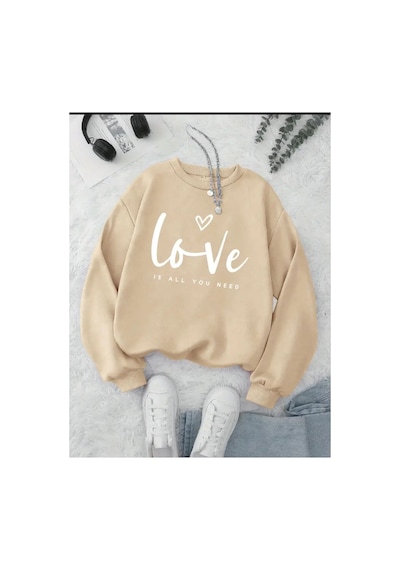 Herkesemoda Love Yazı Baskılı Bisiklet Yaka İçi Polarlı Sweatshirt Bej