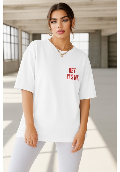 Hey It's Me Baskılı Oversize T-shirt BEYAZ