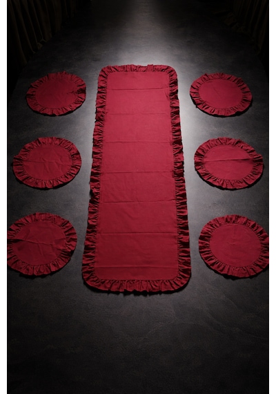Bordo Fırfırlı Runner Ve Amerikan Servis Seti 7 Parça Şık Masa Örtüsü Takımı 120x40 Cm Bordo