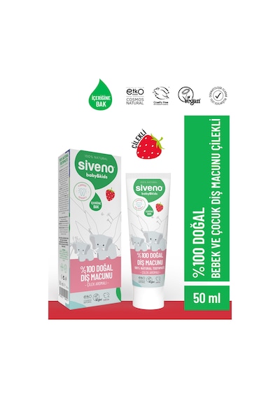 Siveno %100 Doğal Diş Macunu Bebek Ve Çocuk İçin Çilekli Aromalı Florürsüz 50 Ml