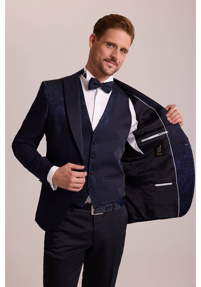 Ysf Erkek Lacivert Slim Fit Kırlangıç Yaka Desenli Damatlık