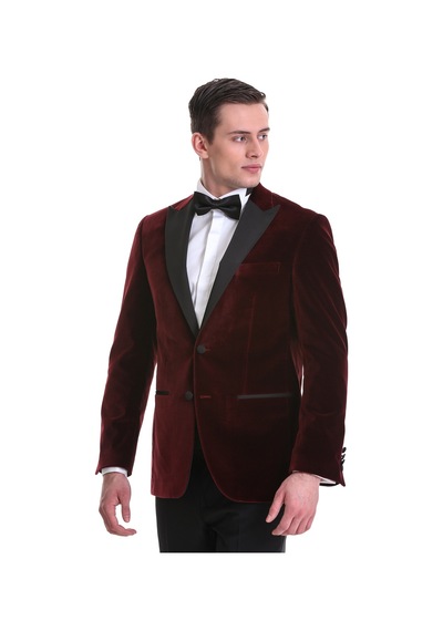 Hatemoğlu Bordo Slim Fit Düz Sivri Yaka Kadife Klasik Smokin Damatlık 3312 Bordo