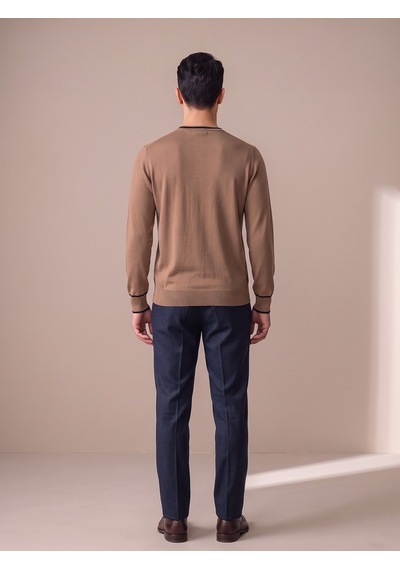 Maccali Erkek Camel Kontrast Şeritli Bisiklet Yaka Triko Sweatshirt