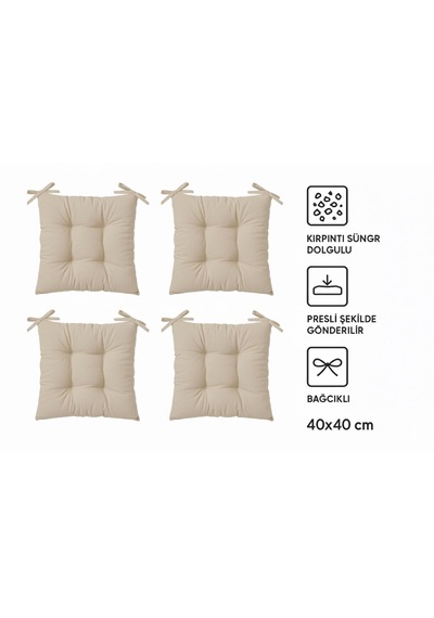 Rual 4 Lü Sandalye Minderi Bağcıklı, Çökme Yapmaz Sünger Dolgulu, Yıkanabilir 40x40 Cm Açık Bej
