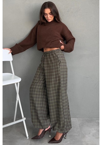 Madmext Haki Ekose Desenli Beli Lastikli Balon Pantolon Mg2905