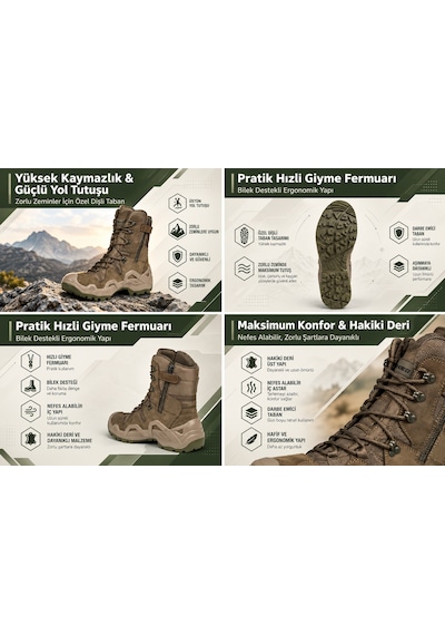 U Force Outdoor Bot Unisex Su Geçirmez Sympatex Kaymaz Dişli Taban Fermuarlı Hakiki Deri Haki