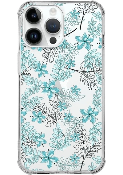 Apple Uyumlu iPhone 14 Pro Köşe Korumalı Antişok Kapak Floral Su Yeşili Tasarımlı Şeffaf Kılıf