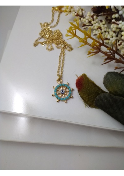 Turkuaz (Firuze) Taşlı Dümen Modeli  Kolye Altın