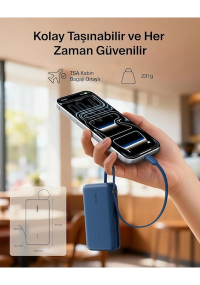 Ultracharge 10000 Mah Usb-c Kablolu Ve Ekranlı Power Bank, Mavi
