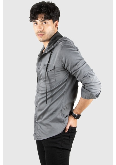 Rizzup Füme Kapüşonlu Likralı Kot Gömlek Slim Fit Çıt Çıt Kapamalı Erkek Gömlek 2300396