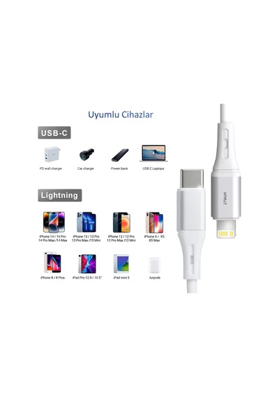 Wahoo Type C-lightning 27watt Pd Hızlı Şarj Kablosu Beyaz/gümüş Metal 100 Cm