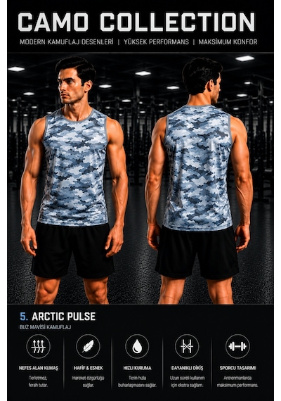 Beydex Erkek Nem Emici Hızlı Kuruma Camo Collection Sporcu Sıfır Kol T-shirt Gym Mavi