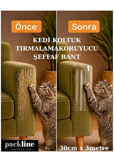 Packline Marketing Kedi Koltuk Tırmalama Koruyucu Şeffaf Yapışkanlı Mobilya Tırmalama Önleyici Bandı 30cm X 3metre