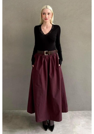 Seeh Bordo Kemerli Uzun Kadın Etek Sh337 Basic