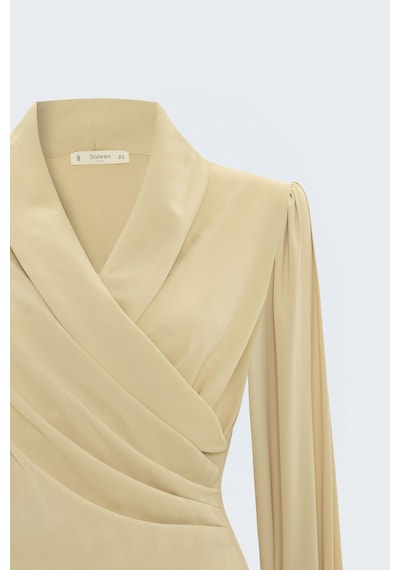 Sateen Çizgi Desenli Kruvaze Bluz - Bej-137833