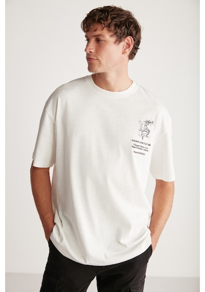 Grımelange Alonzo Erkek Oversize Fit %100 Pamuk Nakışlı Ve Baskılı Ekru T-shirt Ekru
