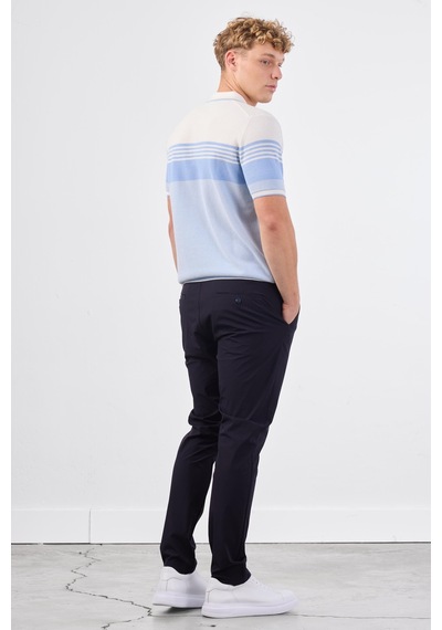 Dufy Mavi Çizgili Yatay Desen Erkek Triko - Slim Fit Mavi