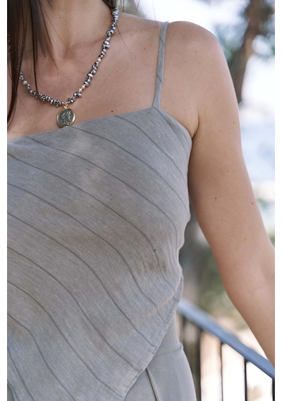 Mai Collection Mai Studios Co. Kita Üçgen Detay Çizgili Vizon Keten Crop Vizon