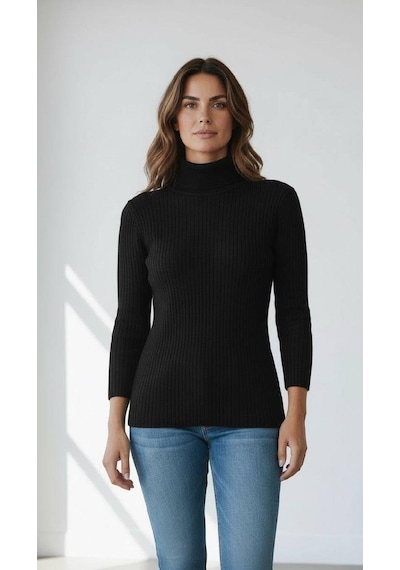 Miss Poem Kadın Siyah Fitilli Balıkçı Yaka Slim Fit Triko Kazak Siyah