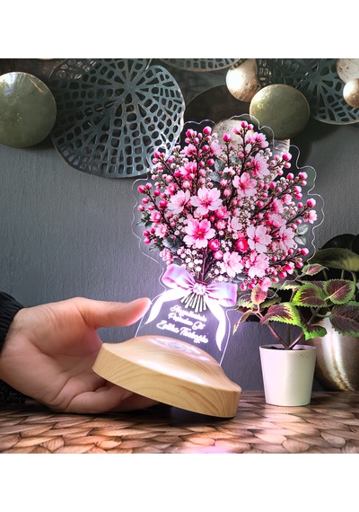 Sakura Kiraz Çiçeği Buketi Led Lamba Kişiye Özel Işıklı Solmayan Sakura Çiçeği Sevgiliye Doğum Günü Hediyesi Sakura Buketi