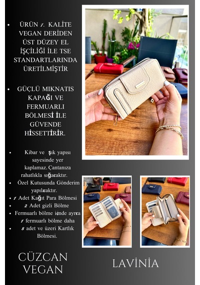 Lavinia Krem Vegan Deri Kadın Cüzdan Fermuarlı Ve Mıknatıslı 16x9 Cm Krem