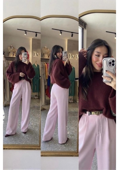 De Pose Kadın Triko Peluş Kazak Bordo