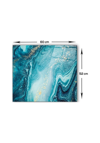 Cam Ocak Arkası Koruyucu Gold Detaylı Turkuaz Desen 52cm X 60