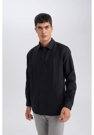 Defacto Siyah Relax Fit Polo Yaka Twill Modal Karışımlı Basic Düz Uzun Kollu Gömlek D3376AX24AUBK26 Siyah
