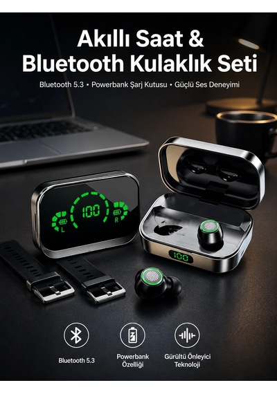 Mey İthalat Tws Bluetooth Kulaklık Ve Akıllı Saat Uyku Takibi Nabız Ölçer Uzun Pil Ömrü