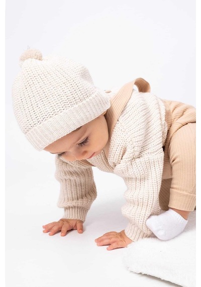 Bebicix Triko Kazak Oversize Esnek Salopet Bereli Unisex Bebek Takım Bej
