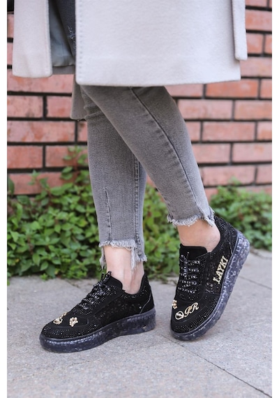 Astra Taşlı Desenli Şeffaf Taban Siyah Renkli Kadın Sneaker-siyah Siyah