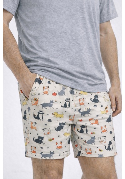 Erkek Pamuklu Köpek Desenli Eğlenceli Cepli Şortlu Pijama Takımı Ke77633 Sarı