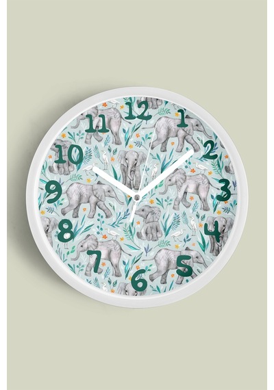 Sevimli Fil Temalı Çocuk Odası Modern Duvar Saati - 25cm - Önü Camlı Beyaz Kasa - Sessiz Mekanizma-jh0190 Beyaz