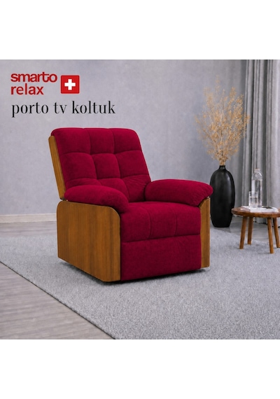 Smarto Relax Porto Tv Koltuğu Elektrikli Masajlı Isıtmalı Döner Sallanan Ahşap Yan Panelli Polyester Kumaş Baba Koltuğu Bordo