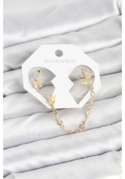 Kelebek Model Pirinç Gold Renk Zincir Bağlantılı Ear Cuff Küpe Seti 5886 Çok Renkli 09031232