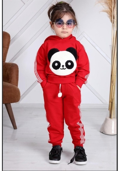 Quzucuk Kids Kız Çocuk Panda Figürlü Kırmızı Eşofman Takımı Çok Renkli
