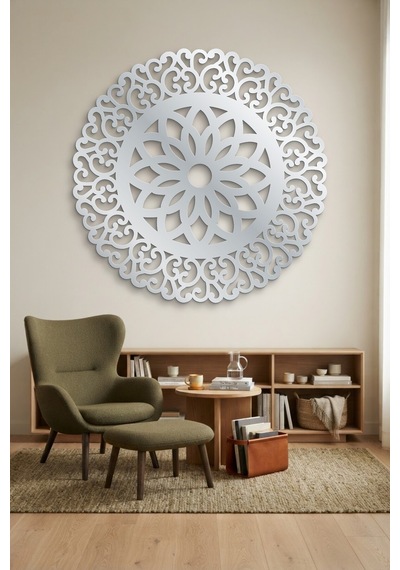 Lotus Mandala Metal Duvar Tablosu - Duvar Sanatı - Duvar Dekoru - Gümüş
