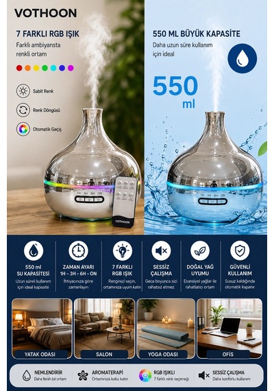 Gümüş Vazo Model Rgb Işıklı Hava Nemlendirici & Aromaterapi Difüzör 550 Ml Kumandalı