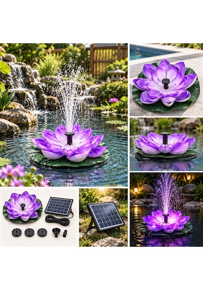Mor Lotus Çiçekli Su Fışkırtmalı Fıskiye Güneş Enerjili Çeşitli Fıskiye Başlıklı Dekoratif Havuz Gölet Bahçe Süslü Fıskiye